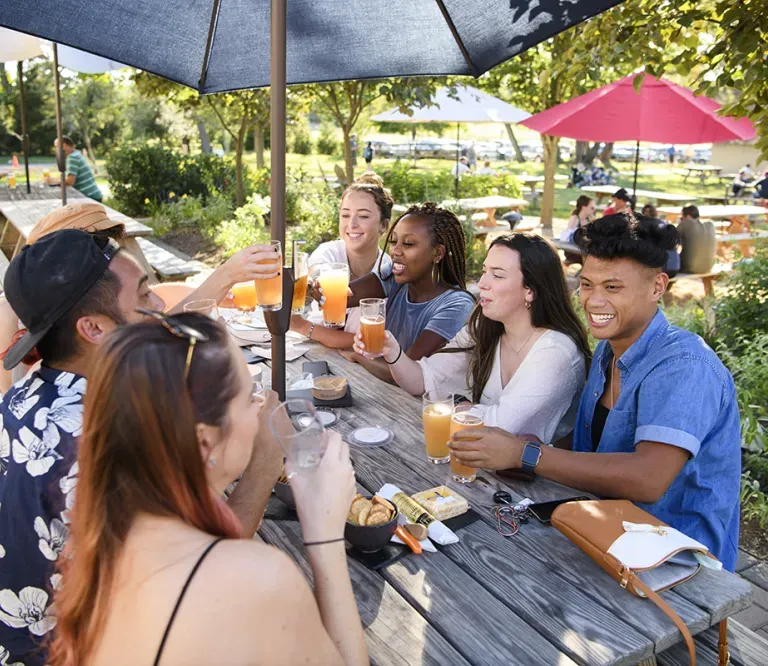 Friends enjoying drinks and food together.